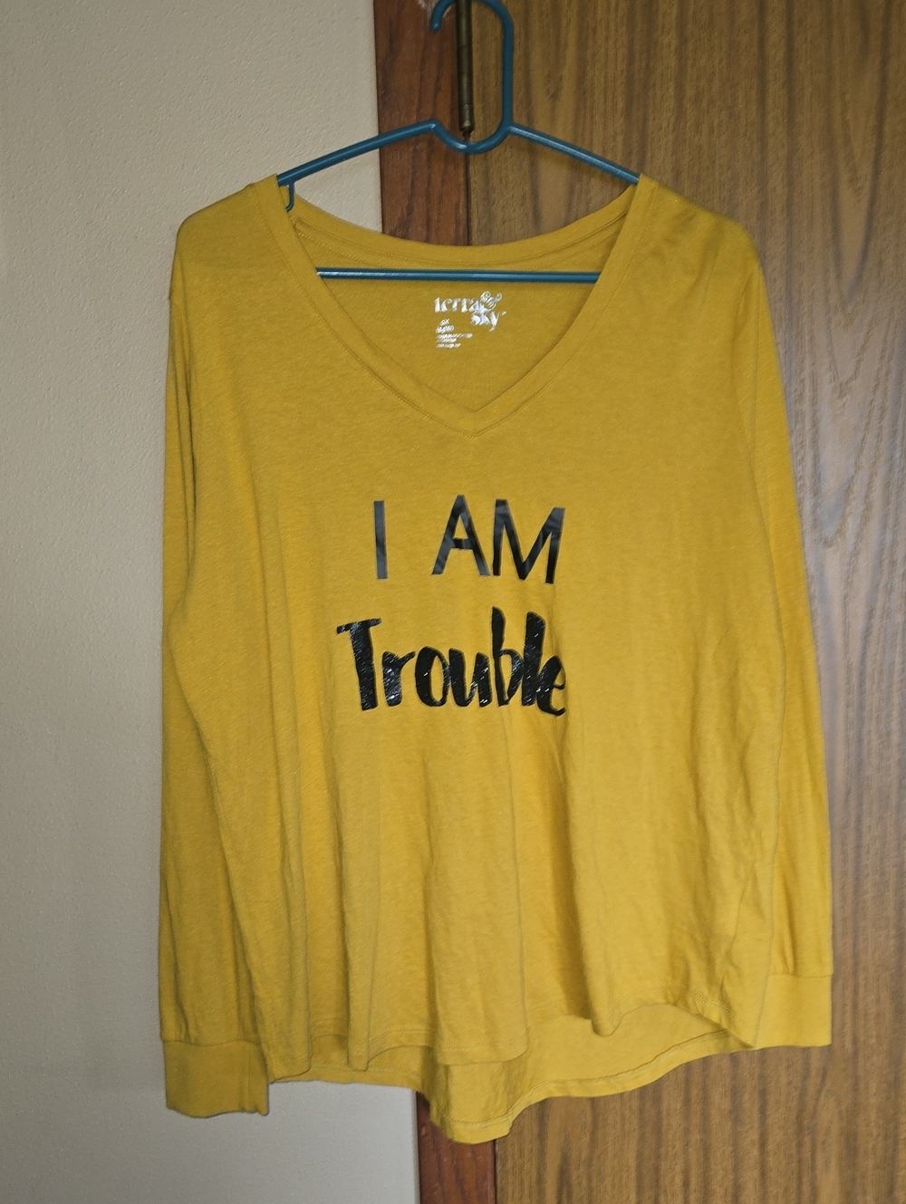 Terra & Sky Mustard Yellow V-Neck Long Sleeve Top with 'I AM Trouble' Text